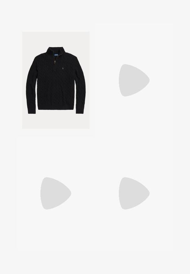 Black cable knit sweater with a zippered collar and ribbed cuffs and hem. Features a subtle logo on the chest and soft texture.; White cotton t-shirt featuring a black graphic print of a figure and text "Service Works" on the left chest area. Short sleeves, crew neckline.; Beige linen trousers with a straight cut, featuring two front pleats, a button closure, and side pockets. Textured fabric with a smooth finish.; Polo Ralph Lauren ZANE LEATHER SANDAL - Sandals - black