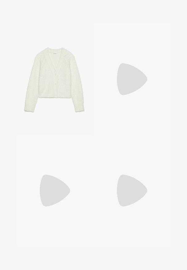 Balts, strukturēts kardigans ar V veida kakla izgriezumu, garām piedurknēm un piecām pogām priekšpusē. Mīksts, pūkains materiāls ar saīsinātu dizainu.; Platas kājas bikses burgundijas krāsā, ar priekšējiem izšuvumiem un elastīgu jostasvietu. Gluda tekstūra, pilnas garuma dizains.; Tumši bordo ādas loaferi ar melnu zoli, centa jostu un zemu papēdi, attēloti no ārpuses uz balta fona.; Divpadsmit auskaru komplekts ar riņķiem sudraba un zelta tonī. Ietver vītņotus, gludus un teksturētus dizainus ar dažādiem izmēriem un apdares veidiem.