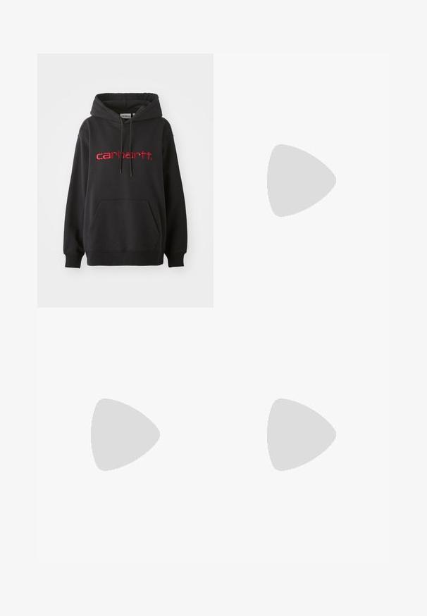 Crna dukserica od mješavine pamuka, s prednjim džepom, rebrastim manžetama i crvenim izvezenim "carhartt" logom na prsima.; Pleteni uski top s rebrastim uzorkom, karakteriziran gradijentom od žute do svijetlopurple, s uskim oblikom i okruglim izrezom.; Ružičaste tweed kratke hlače s teksturiranim uzorkom i izfrcanim rubom. Imaju pojas s dugmadi. Lagana tkanina, dužine do sredine bedra.; Suede tenisice s kremastim gornjim dijelom, svijetloružičastim trojkama i gumiranim đonom. Dizajn s vezicama s prošivenim detaljima i logotipom.