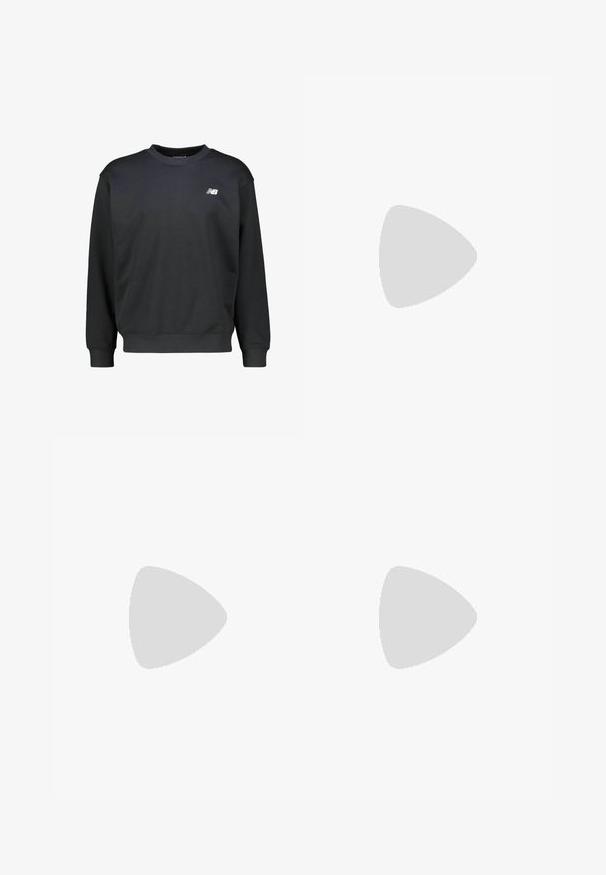 Black sweatshirt with a crew neckline and ribbed cuffs. Features a small white logo on the chest and a smooth, textured fabric.; Short-sleeve cream T-shirt made of soft cotton, featuring a crew neck and a small embroidered logo on the chest. Smooth texture, relaxed fit.; Black sweatpants made of soft material with an elastic waistband, drawstring, and tapered cuffs, featuring a subtle logo on the side.; Black running shoe featuring a mix of mesh and synthetic materials, chunky sole, curved design, and prominent branding on the side.