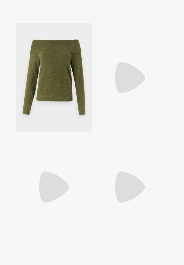 Sweter odsłonięty na ramionach, z długimi rękawami w oliwkowym kolorze, wykonany z miękkiego, teksturowanego materiału z prążkowanym dekoltem i gładką częścią ciała.; ONLY ONLLIVE  bordowy; Jasnoniebieskie dżinsy w kształcie dzwonów, wykonane z denimu, z wysokim stanem, pięcioma kieszeniami i delikatnym gradientowym blaknięciem w kierunku dołu nogawki.; Brązowe skórzane kowbojki z noskiem w kształcie migdała i blokowym obcasem, z detalicznym przeszyciem i podniesionymi akcentami na cholewce.; Czarna skórzana torebka kopertowa z klapką i detalem w postaci złotej metalowej klamry. Zawiera czarny pasek oraz elegancki, minimalistyczny design.; Srebrne kolczyki w kształcie obręczy z skręconym wzorem, z polerowanym wykończeniem i zapięciem na sztyft. Mają średnicę około 3 cm.