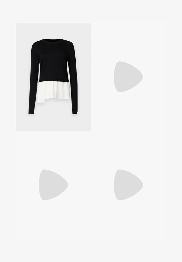 Crna majica dugih rukava s kontrastnim bijelim volanom, okruglim izrezom i mekanom teksturom. Dizajnirana s ležernim krojem.; Mornarske široke hlače od mekanog materijala, s bež bočnom prugom. Pojas je elastičan za udobnost i laku nošenje.; Crne gležnjače od glatke kože, s bočnim zatvaračem, debelim teksturiranim potplatom i dizajnom s zaobljenim prstima.; Crna kožna torba za nošenje s glatkom teksturom, pravokutnim oblikom i dvije duge ručke. Nema vidljivih metalnih dijelova ili ukrasa.