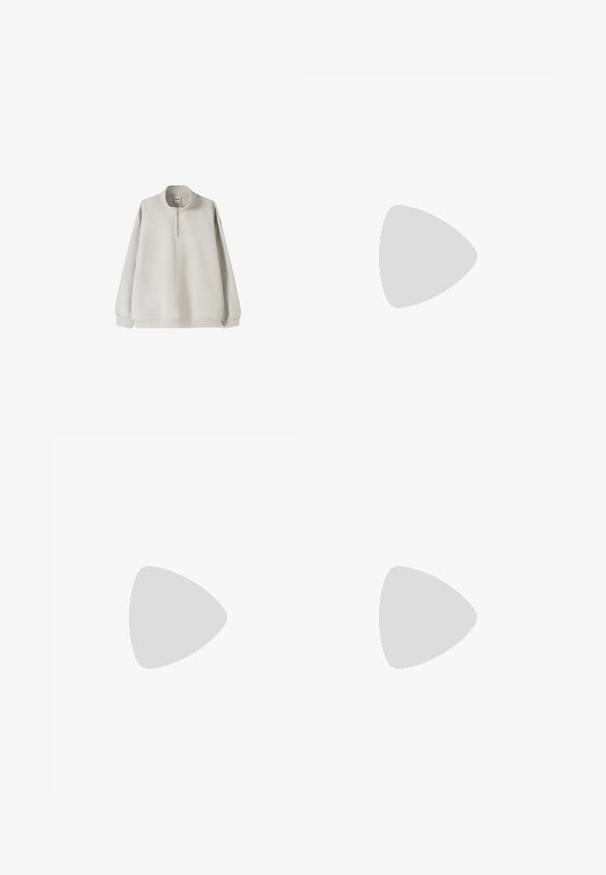 Lys grå pullover sweatshirt med høj krave, halv lynlås foran og elastiske manchetter. Blødt stof og afslappet pasform.; Sort t-shirt med korte ærmer lavet af blødt stof. Har en rund halsudskæring og et lille rødt mærke på nederste venstre side.; Beige brede bukser med en glat tekstur, der har bæltestropper, to frontlommer og en lynlåslukning. Minimalistisk design.; Sorte læder loafers med rund tå, slip-on design og tyk gummisål med tekstureret greb. Forhøjet hæl og subtile syninger.; Sorte rektangulære solbriller med mørke linser, der har en tyk ramme, subtile detaljer på siderne og uden synlige logoer udover mærkenavnet.; Metal kvartsur med sort urskive, hvide tal og datoviser. Har en urkasse i rustfrit stål og en vandmodstand på 100 m.