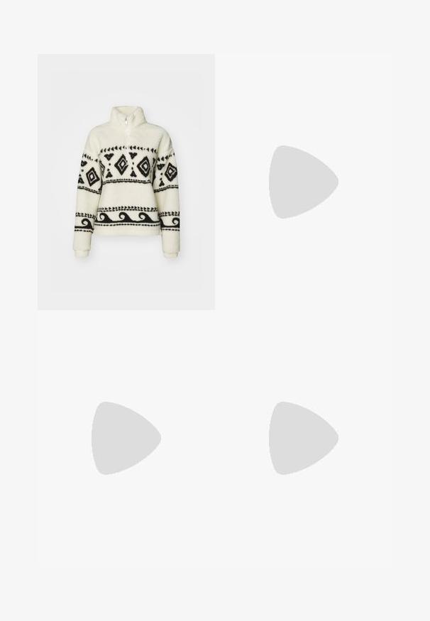 Fleece pullover in crèmekleur met zwarte tribale patronen. Voorzien van een halve rits kraag en lange mouwen. Zachte textuur en een relaxte pasvorm.; Drie tanktops in mintgroen, zwart en beige; gemaakt van ribbelstof met een ronde halslijn en zonder mouwen. Merkenlabel zichtbaar.; Hoge taille blauwe denim jeans, rechte pijpen, knoopsluiting, vijf zakken, lichte vervaging en tonale stikdetails.; Groene bomberjack over een lichtgele polo, gecombineerd met losse blauwe jeans en witte sneakers. Glad materiaal, ontspannen pasvorm, minimale hardware.