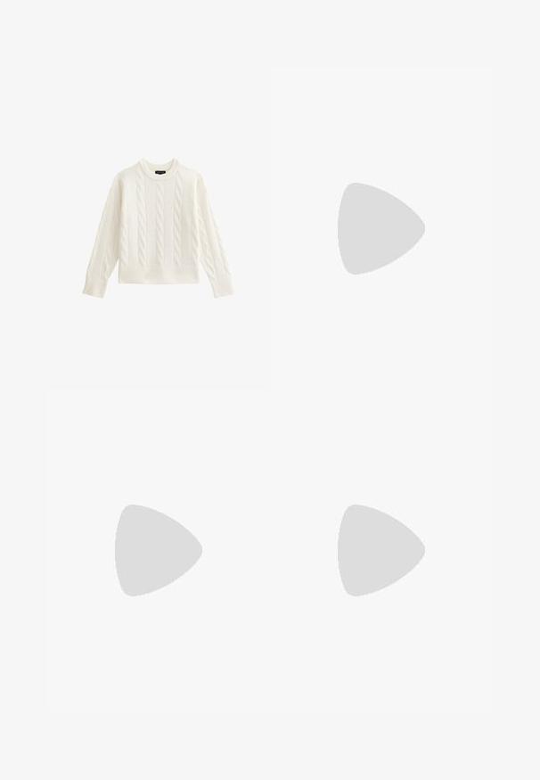 White cable knit wool sweater with long sleeves and ribbed cuffs and hem, crew neckline, displayed on a white background.; Brown corduroy A-line mini skirt with a subtle side zipper, displayed against a white background.; Light beige sandals with textured fabric straps and gold-tone hardware. Chunky sole features zigzag pattern for added grip and stability.; Brown patent leather handbag with a rectangular shape, two long handles, and subtle curved accents on the front.