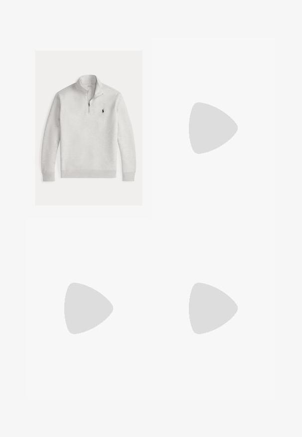 Svetlo siva pulover z zadrgo do četrtine, rebrastimi manšetami in pasom ter majhnim mornarsko modrim logotipom na levi strani prsi.; Srajčna srajca s sponkami v beli barvi z modrimi črtami, z klasičnim ovratnikom, dolgimi rokavi in majhnim vezenim logotipom na prsih.; Temno modre chino hlače iz tkanine iz bombažnega mešanega materiala, z ravnim sprednjim delom, ravnimi hlačnicami in z enim gumbom na pasu.; Temno modri semiš in mrežasti športni copat z svetlejšimi akcenti, bež gumijastim podplatom in belimi vezalkami; vsebuje logo na strani.