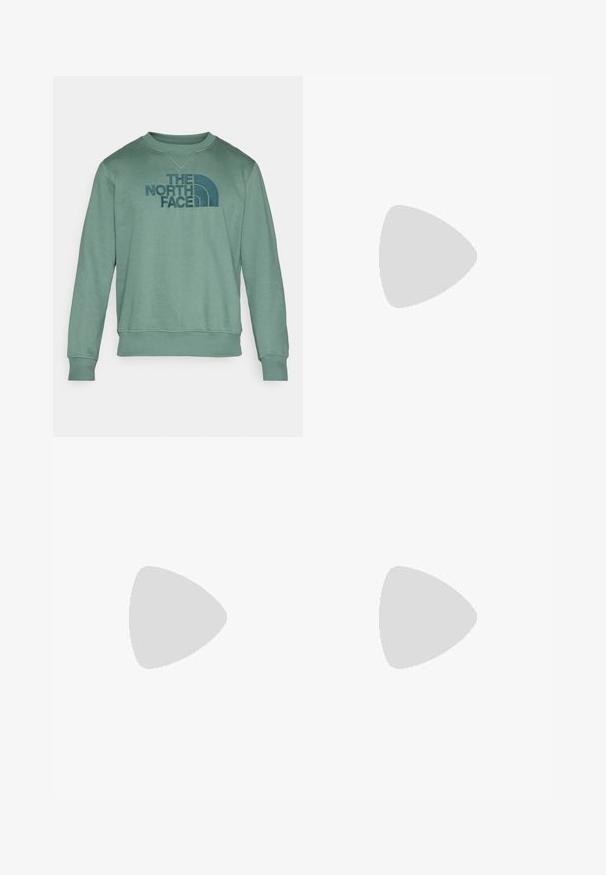 Sudadera verde claro con cuello redondo, puños y dobladillo acanalados. Presenta el logo "THE NORTH FACE" en verde oscuro en la parte delantera. Textura de tela suave.; Pantalones cortos con un patrón floral verde sobre un fondo crema, con una cinturilla elástica y un pequeño logo en la parte inferior derecha.; Zueco ligero de color gris claro, fabricado en material suave con orificios de ventilación, suela acanalada y una correa ajustable beige para un ajuste seguro.; Gafas de sol ovaladas marrones con un marco de plástico marrón claro. Las varillas delgadas y los lentes tintados ofrecen un diseño elegante y minimalista.