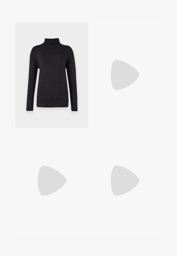 Temno siva turtleneck pulover iz teksturirane pletene tkanine, z dolgimi rokavi ter rebrastimi manšeti in robom.; Metalna bronasta denim mini krila, ki ima ravno kroj, sprednje žepke in pas z gumbom za zapiranje. Gladka in sijoča tekstura.; Rjave antilopne gležnjarje z elastičnimi stranskimi paneli, zaobljenim nosom in debelim gumijastim podplatom, ki ima teksturiran vzorec. ; Črna usnjena torba na rame z dvema ročajema, pravokotne oblike, gladke teksture in oblikovano šivi. Brez kovinskih dodatkov ali dodatnih okrasnih elementov.