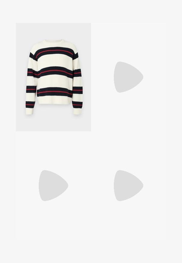 Svītrots džemperis krēmkrāsā ar zilu un sarkanu horizontālu svītru. Izgatavots no bieza adījuma materiāla, ar garām piedurknēm un apaļu kakla izgriezumu.; Melni denim bikses ar taisnu kāju dizainu, ar piecām kabatām, pogu jostu un sudraba detaļu akcentiem. Gluda tekstūra.; Bata Šņorkurpes - Black; Melnas saulesbrilles ar taisnstūra lēcām, matēta plastmasas rāmja un taisnām malām. Uz iekšējās rokas ir zīmola logo.