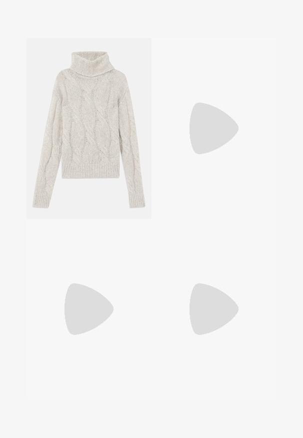 Lichtgrijze kabelgebreide trui, met een hoge col, lange mouwen en een geribbelde zoom. Zacht, gestructureerd materiaal met een gezellige uitstraling.; Wit blouse met lange mouwen en een bruine abstracte print. Voorzien van een kraag en knoopsluiting. Glad materiaal met een ontspannen pasvorm.; Zwarte broek met streepjes in een getailleerde pasvorm, voorzien van een omgeslagen zoom en voorplooien. Gemaakt van een gladde stof met een gestructureerd ontwerp.; Paul Smith TOPANGA - Ballerina's - black; Marine leren handtas met twee lange hengsels, een gespdetail en een sleutelhanger eraan bevestigd. Heeft een gladde textuur en een rechthoekige vorm.