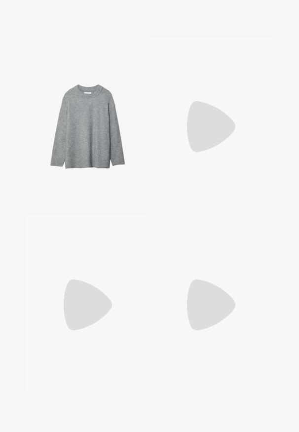 Maglione grigio lavorato a maglia con scollatura rotonda, spalle abbassate e polsini a costine. Texture morbida e design ampio. Senza fantasie né accenti.; Jeans in denim azzurro chiaro con vita alta, design a gamba dritta, due tasche anteriori e texture sbiadita per un aspetto vissuto.; Sneakers bianchi in pelle con dettagli azzurri chiari, punta in suede grigia e suola in gomma marrone. Presentano tre strisce blu e il marchio "Samba".; Occhiali da sole tartarugati con design geometrico, lenti gialle e dettagli in metallo sulle tempie. Montatura ampia e texture opaca.; Borsa a tracolla in pelle marrone con motivo logo, tracolla in catena dorata, chiusura con zip e dettagli in metallo dorato. Forma compatta e rettangolare.