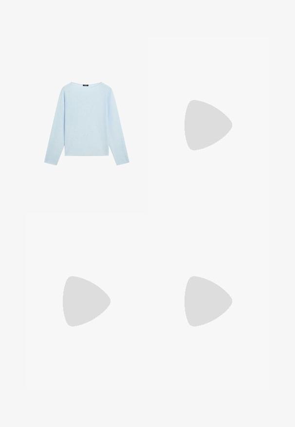 Light blue long-sleeve sweater with a wide boat neckline and a straight hem, displayed on a white background.; Light blue button-up shirt with vertical white and thin red stripes, long sleeves, classic collar, and a curved hemline.; Light blue wide-leg jeans made of denim, featuring a classic five-pocket design and a button closure. Faded texture throughout.; Black leather penny loafers with a smooth finish, low heel, and decorative band. Features stitched toe and minimalistic design.