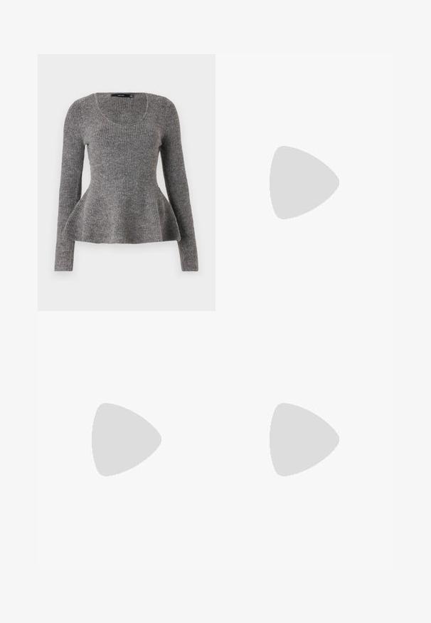 Gray ribbed sweater, long sleeves, scoop neckline, flared hem detail at waist, medium-weight knit texture, soft material.; Wide-leg black denim jeans with a high waist, featuring orange stitching and a front button closure. Fabric has a slightly faded texture.; Black leather platform loafers with a rounded toe and wide strap across the vamp. Features a chunky, square heel and smooth texture.; Gold hoop earrings with a smooth, shiny finish. Circular design featuring a small post and clear backing for secure wear.