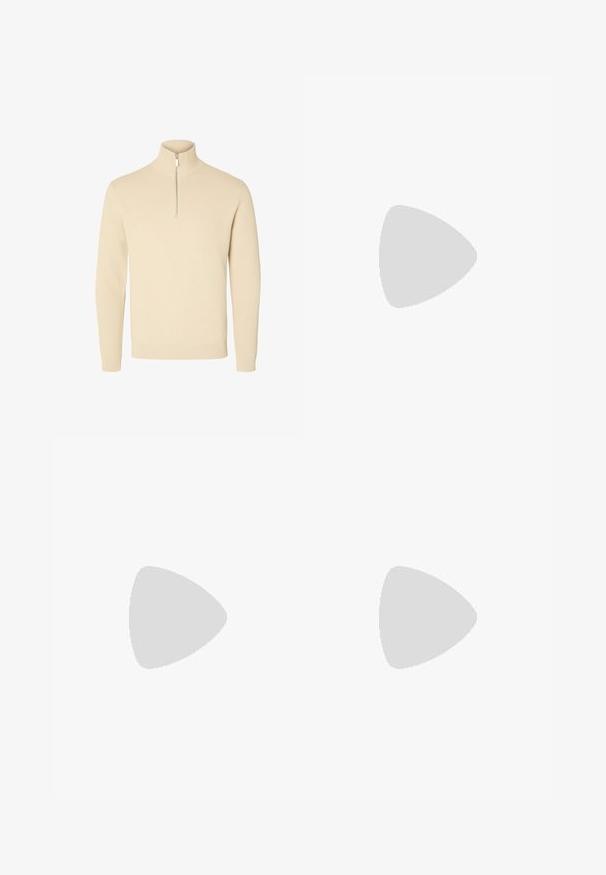 Bež srajca iz rebrastega pletenja z visokim ovratnikom in polovičnim zadrgo. Ima dolge rokave in prilegajoč rob.; Bela bombažna majica s kratkimi rokavi, okroglo izrezana in gladke teksture. Enostaven dizajn brez vzorcev ali grafik.; Temno mornarsko modri kordurojski hlače z gladkim materialom, ravnimi nogami in horizontalnimi rebrastimi obliži na sprednjih žepih za dodaten tekstur.; Črne športne copate z zgornjim delom iz semiša in sintetičnih materialov, ki imajo tri bele črte, teksturiran gumijast podplat in modro označevalno oznako na jeziku.