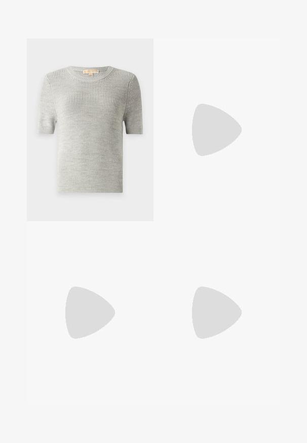 Maglione a maniche corte di colore grigio chiaro, in texture lavorata a maglia, scollo tondo, orlo a coste, realizzato in tessuto leggero. Nessun motivo o dettaglio visibile.; Pantaloni in suede marrone con dettagli di frange lunghe lungo i lati, un design a gamba larga e tasche frontali con cuciture decorate.; Pantofole da balletto nere in pelle con punta arrotondata, texture liscia, dettagli di cucitura minimi e design con suola flessibile.; Borsa a tracolla in pelle marrone con chiusura a pattina, hardware color oro, tracolla e una finitura liscia. Forma rettangolare compatta.