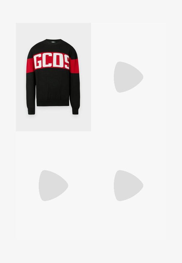 Black knit sweater with a round neck, featuring bold red and white horizontal stripes and "GCOS" text across the chest.; Black cotton t-shirt with short sleeves. Features white GCDS logo and "MILANO ITALY 1988" text in an arch. Standard fit and crew neck.; Black sweatpants featuring a soft texture, tapered legs, and pockets. The back displays "DSQUARED2 ICON" in bold white letters.; Filling Pieces RIVIERA - Trainers - grey