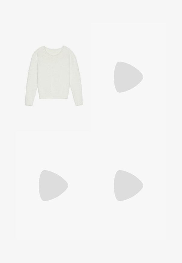 Vit fluffig tröja med långa ärmar, en vid v-ringning och en kortad design. Texturen är mjuk och fluffig, vilket ökar värmen.; Next Maxikjol - black; Svart ankelsko i slät läder. Har en fyrkantig tå, elastisk överdel och en kraftig klack för stabilitet. Minimalistisk design.; Svart tote väska i texturerat material, med två långa handtag och en enkel, minimalistisk design utan synlig hårdvara.
