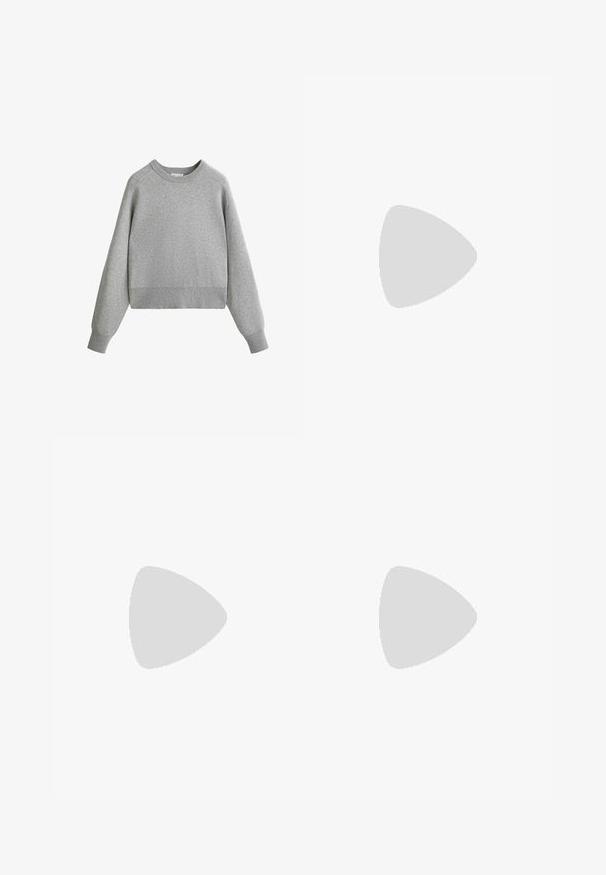 Maglione a maniche lunghe grigio chiaro con scollo a girocollo, polsini, colletto e orlo a costine, esposto su uno sfondo bianco.; Leggings a coste di colore grigio scuro, caratterizzati da una vita alta, tessuto elastico e design aderente. Senza loghi o motivi visibili.; Sneaker bianca in pelle liscia, con profilo basso, punta arrotondata, accentuazione triangolare in argento e suola in gomma testurizzata con striscia nera.; Occhiali da sole neri con lenti ovali, montatura in plastica elegante e tempie curve. Le lenti sono di un grigio scuro, offrendo un design geometrico moderno.