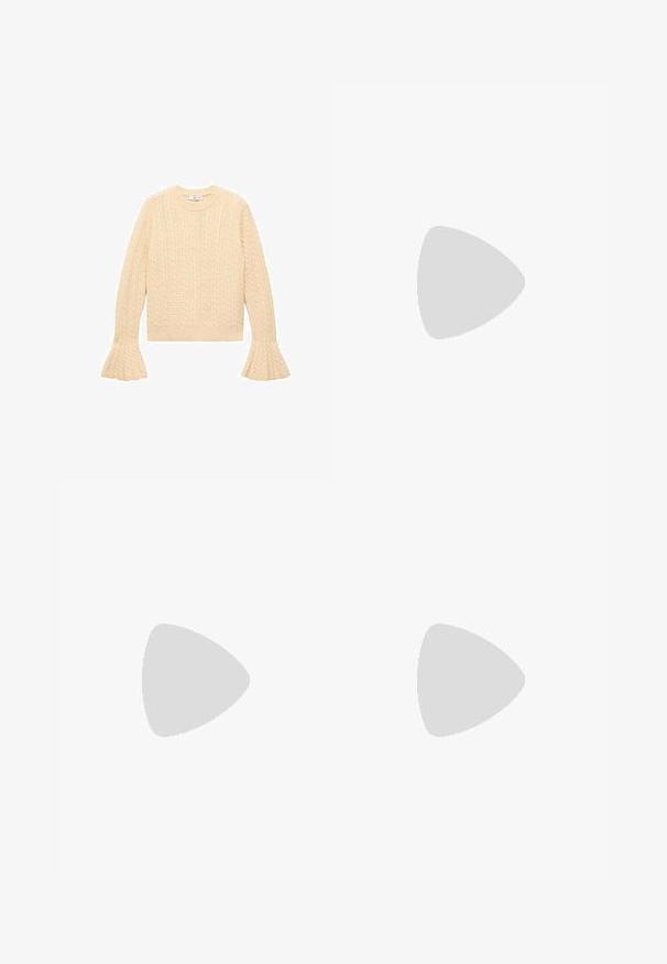 Cremefarbener Strickpullover mit Zopfmuster, Rundhalsausschnitt und ausgestellten Ärmeln, flach auf einem weißen Hintergrund ausgelegt.; Helleblause aus durchscheinendem Material mit Rüschen, langen Puffärmeln und Bindebanddetails, dazu weiße Shorts. Die Accessoires bestehen aus großen Sonnenbrillen und Armreifen.; Helle blaue, hochtaillierte, weit geschnittene Jeans mit klassischem Denim-Finish. Kombiniert mit einer rosa, rüschenschulter Bluse und schwarzen, offenen Sandalen mit Absatz.; Braune Leder-Balletschuhe mit runder Spitze und kleinem Blockabsatz. Mit einer dünnen Schleife an der Vorderseite und dezenten Steppnähten.; Burgunderfarbene Lederzugtasche mit Kettenhenkel, gerafftem oberen Teil, metallischen Akzenten und Logodetail an der Unterseite. Glatte, glänzende Textur.