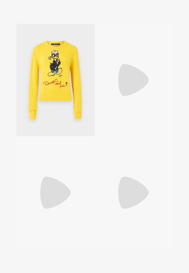 Yellow knitted sweater featuring Donald Duck with a black jacket, blue shoes, and red signature detail. Round neckline and ribbed cuffs.; Black cotton t-shirt featuring a colorful cartoon character graphic and red text "Donald and Karl" on the front. Short sleeves, classic fit.; Light blue wide-leg jeans in denim with stitched "Donald and Daisy" text on the left leg. Features classic five-pocket design and belt loops.; Black leather loafers with a smooth finish, featuring a decorative band and small gold accent. The sole is flat with a rounded toe.