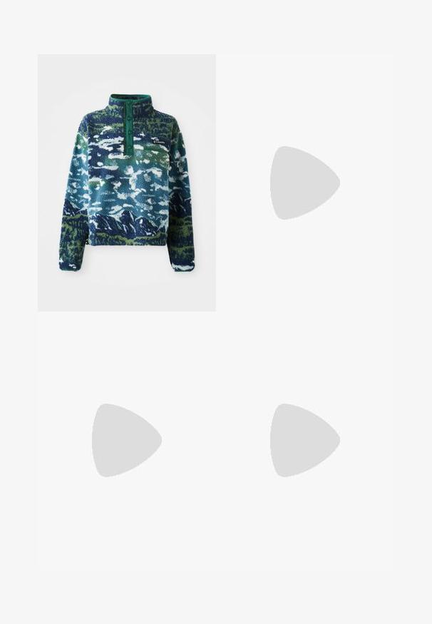 Fleece pullover with a green collar, featuring a mountain print in blue and green tones. Includes a zippered pocket and button placket.; Light blue ribbed crop top with a round neckline and sleeveless design. Smooth texture and a small logo detail at the hem.; Olive green cargo pants made of cotton, featuring a wide-leg design, front pockets, and a button closure at the waist.; White flat shoes with a black trim and sole, paired with light purple ribbed socks featuring white crisscross straps. Set on a green background.