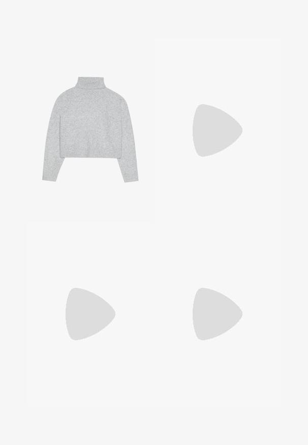Pelēks, īsais turtlenecks džemperis ar ribotām aprocēm un apakšmalu. Izgatavots no mīksta materiāla ar gludu tekstūru un minimālistisku dizainu.; Jūras spēku zilu šūtu bikses ar gludu tekstūru, taisnām kājām, priekšējām kabatām un pogu aizdari, kombinētas ar metāliskām papēžiem.; Gaišpelēka kedas, izgatavotas no zamša un sieta, ar trim baltām svītrām, apaļu purngalu un gumijas zoli. Zelta logo akcenta detaļa blakus auklām.; Sudraba metāliska poga somiņa ar mīkstu, noapaļotu formu un mezgla augšējo aizdari. Izgatavota no gludas mākslīgās ādas materiāla.; Zaļš topiņš ar mežģīņu detaļām plecu un dekoltē zonā, kuram ir pieguļošs dizains un mīksta auduma sastāvs. Apvienots ar gaišiem biksēm.