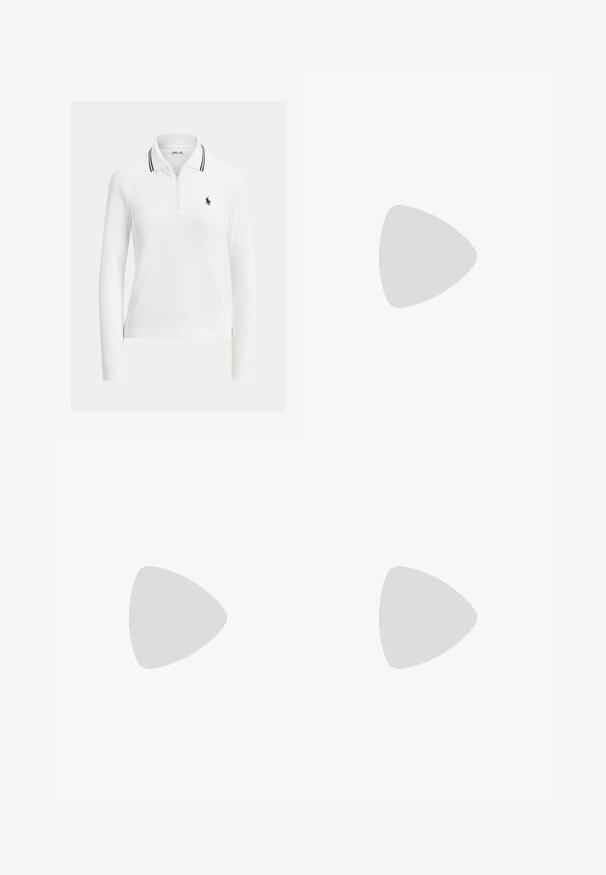 Biele polo s dlhým rukávom s textúrovaným dizajnom v pletenom vzore, zipsovým golierom a dvoma námorníckymi pruhmi. Obsahuje malé námornícke logo na ľavej hrudi.; Modrá skrátená tielko s dizajnom do V, vyrobené z hladkej látky. Obsahuje široké ramienka a jeden detail v podobe vrecka na boku.; Polo Ralph Lauren COTTON CORDUROY WIDE-LEG PANT - Nohavice - warm white; Biele, námornícke a svetlo modré semišové tenisky s robustnou podošvou a vyšívaným kruhovým logom na boku.