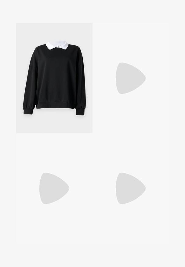 Zwarte sweatshirt met een witte kraag in polostijl, oversized pasvorm, geribde manchetten en zoom. Gladde textuur, lange mouwen en geen zichtbare logo's.; Zwarte nep leren rok met plooien, een aansluitende taille en decoratieve hardware aan de zijkanten. Glad materiaal met een glanzende afwerking.; Bordeaux gepatenteerd lederen ballerina met een ronde neus, een klein strikaccent aan de voorkant en een lage, zwarte rubberen zool. Glad textuur.; Bordeaux zachte stoffen handtas met een geplooid ontwerp en een lange schouderband, crossbody gedragen. Model draagt een witte crop top en zwarte jeans.