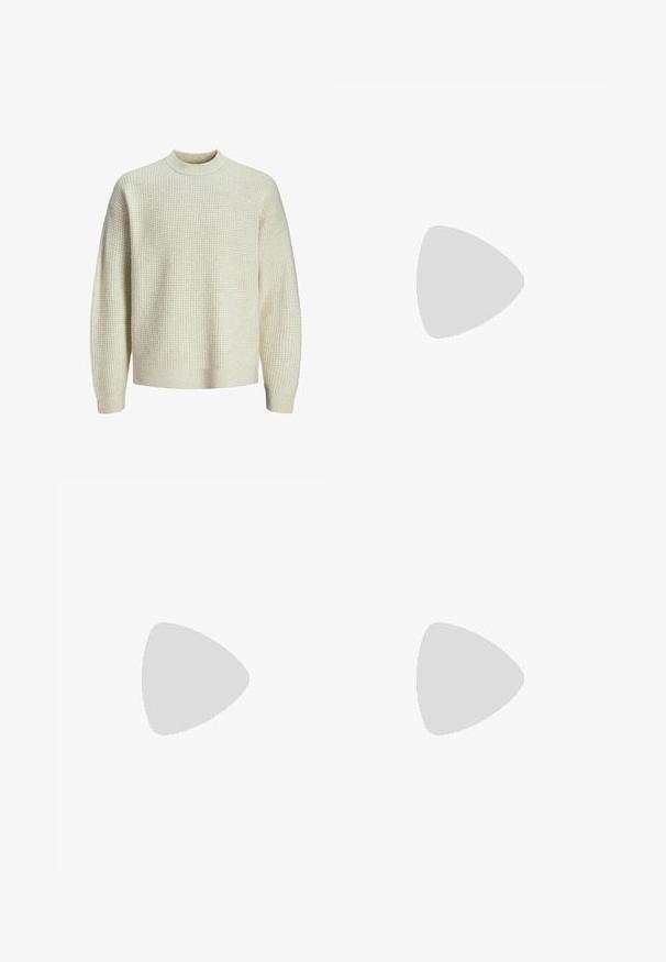 Light beige knit sweater with a textured, waffle pattern. Features a high neck and ribbed cuffs and hem. Soft, medium-weight fabric.; Light blue denim jeans with a straight-leg cut, five-button closure, belt loops, and subtle fading. Has two front pockets and copper rivets.; Black leather loafers with a rounded toe, slip-on design, and thick rubber sole featuring a textured grip. Elevated heel and subtle stitching details.; Black rectangular sunglasses with dark lenses, featuring a thick frame, subtle accents on the sides, and no visible logos beyond the brand name.; Silver stainless steel watch with blue and red bezel, navy face, white hour markers, quartz movement, water-resistant to 200m, and date display.