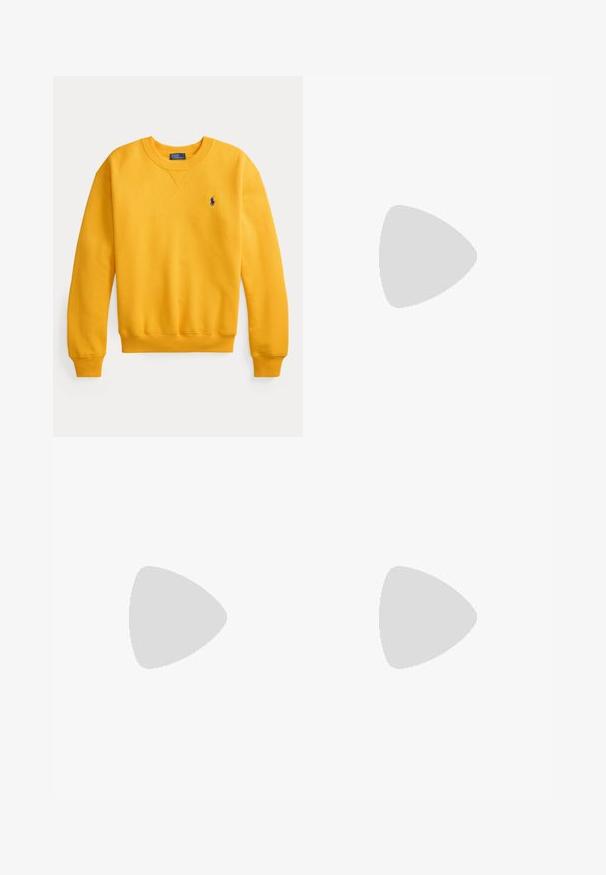 Hanorac galben cu manșete și tiv nervurate, design cu guler rotund și un mic logo albastru pe piept. Confecționat dintr-un material moale de bumbac.; Fustă cu dungi, cu nasturi, de culoare bleu deschis și alb. Materialul pare ușor și are o textură netedă; are lungime până la genunchi, cu un design evazat.; Tenisi albi și bej cu un superior din suede și piele, accente navy și o talpă din cauciuc maro. Prezintă logo pe lateral și un design cu șireturi.; Geantă de mână din piele întoarsă bleumarin cu textură moale, două mânere și o etichetă mică atașată. Are un logo alb pe partea din față și o bază rotunjită.