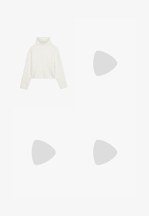 Balta adīta turtleneka džemperis ar īsu siluetu, ar ribotām piedurknēm un apakšmalu. Mīksta tekstūra ar ērti, masīvu dizainu.; Melnā džinsa svārki ar augstu jostasvietu, taisnu griezumu un unikālām leņķiskām šuvēm. Iekļauta sānu plēve un pogu aizdare jostasvietā.; Melnas ādas potītes zābaki ar norādītu pirkstu, elegantu siluetu un masīlu kvadrātveida papēdi. Gluda tekstūra ar minimālām šuvju detaļām.; Melnas auduma soma ar vienu, platu plecu siksnu. Mīksta, pusstrukturēta forma un gluda tekstūra; minimāls dizains, bez redzamiem piederumiem.