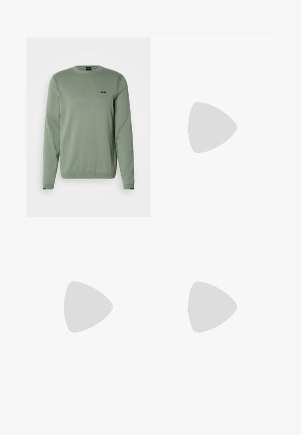 Light green knit sweater with long sleeves, round neck, ribbed accents, and black "BOSS" logo on the chest. Smooth texture.; White cotton t-shirt featuring a graphic print of two riders on horses, with a green smiley face in the center. Loose fit, short sleeves.; Blue denim jeans with a high waist, straight-leg design, and subtle fading. Features classic five-pocket styling and a zip fly closure.; Brown suede Chelsea boot with elastic side panels and a pull tab. Features a rounded toe and a flat rubber sole for stability.