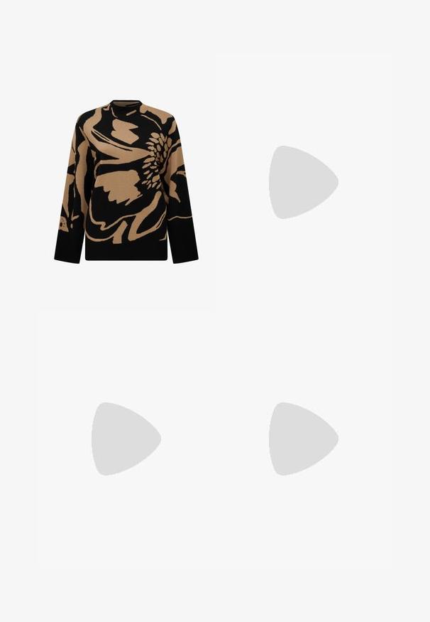 Knit sweater featuring a large black and tan floral pattern, with a crew neck and long sleeves. Material appears soft and textured.; Wide-leg trousers in bright red, made from smooth fabric. Features a high waistband, sharp pleats, and a flowing design.; Black platform heels with a pointed toe and adjustable ankle strap. Constructed from smooth leather, featuring a chunky block heel.; Black leather handbag with a smooth texture. Features an adjustable strap and a sleek, minimalistic design with a zip closure.