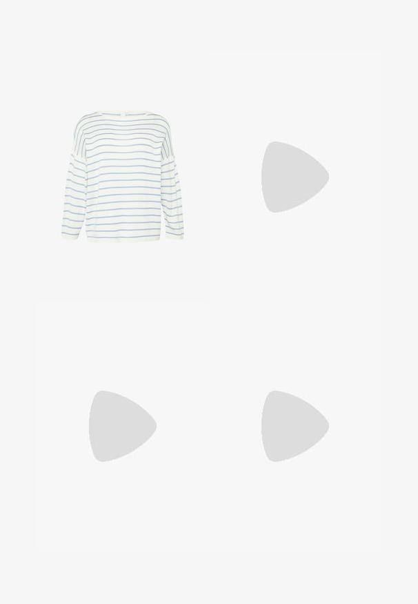 Haut à manches longues blanc avec des rayures horizontales bleues. Il présente un large décolleté et une coupe ample, fabriqué à partir d'un tissu doux au toucher lisse.; Shorts en coton bleu clair avec un cordon blanc, présentant des finitions blanches et un logo accentué en vert sur le bas à gauche.; Baskets de course orange et rose avec tige en maille, semelle intermédiaire blanche, semelle extérieure Vibram et accents bleu clair. Présente le logo HOKA sur le côté.; Lunettes de soleil blanches avec des verres marron, de forme ovale, fabriquées en plastique lisse, avec des accents gris sur les branches et un logo sur la monture.; Sac à dos Salomon Trailblazer 10 noir avec une forme arrondie, un tissu texturé, une fermeture éclair frontale et des détails de logo réfléchissants.