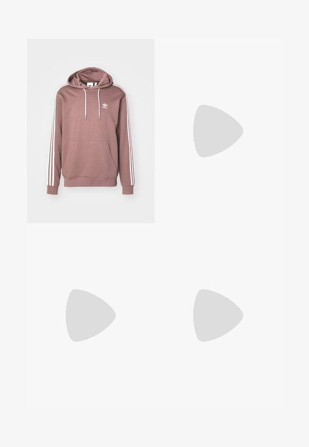 Kapuzensweatshirt in gedämpftem Mauve mit weißen Streifen an den Ärmeln. Mit Fronttasche und Kordelzügen. Adidas-Logo auf der Brust.; Weiße Baumwoll-T-Shirts, kurze Ärmel, Rundhals-Design, schlichte Textur, in einer Reihe gestapelt, mit dezentem Branding am Hals.; Carhartt WIP BOLAN PANT - Jogginghose - dusty ice/positano; Weiße Leder Sneaker mit grauem Wildlederkapp-, drei horizontalen weißen Streifen, blauen Akzenten und brauner Gummi-Sohle. Strukturiertes Detail auf der Sohle.