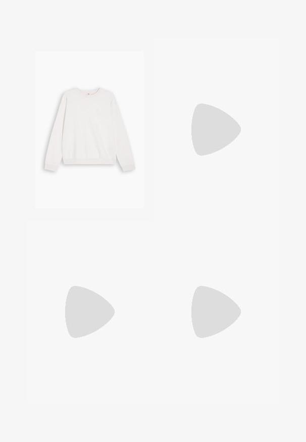 Felpa bianca a girocollo con maniche lunghe e polsini a coste. Realizzata in tessuto morbido, presenta un piccolo logo sul petto. Design minimalista.; Jeans in denim di blu medio con una vestibilità comoda. Presentano cinque tasche, un sistema di chiusura con bottone e una leggera sbiaditura vicino alle ginocchia.; Sneaker piattaforma bianche con texture in pelle liscia, dettagli perforati e lacci piatti; presenta una robusta suola in gomma bianca.; Pochette in tessuto beige dalla forma arrotondata, con parte superiore piatta e dettagli di cucitura sottili. Include un logo minimalista e una strap laterale.