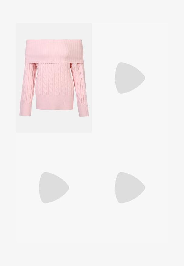 Off-the-shoulder lyserød sweater med ribbet halsudskæring, kabelstrik mønster og lange ærmer. Blød tekstur og cropped pasform.; Hvid tiered nederdel med elastisk talje, der har en tekstureret smocking-detalje og en dekorativ båndaccent. Lavet af bomuldsstof.; Hvide vævede pumps med spids tå og en lav træhæl. Teksturen er åbenvævet og viser intrikate mønstre.; Runde, bruntonede solbriller med en glansfuld bordeauxramme. Slanke arme med diskret brandingdetalje. Flad linsedesign.