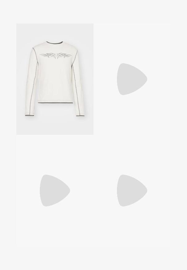 Chemise blanche à manches longues avec une texture côtelée, ornée de motifs tribaux gris sur le devant et de coutures grises le long des coutures et des poignets.; Jeans en denim avec un motif floral bleu. Design à jambe droite, lavage moyen, cinq poches, fermeture à bouton et fermeture éclair, et passants de ceinture.; Baskets de sport argent et noir avec une tige en mesh, une semelle rembourrée, un design à lacets, et un détail de marque sur le côté.; Lunettes de soleil noires avec des verresrectangulaires, monture en plastique mat et bords droits. Présente le logo de la marque sur le bras intérieur.