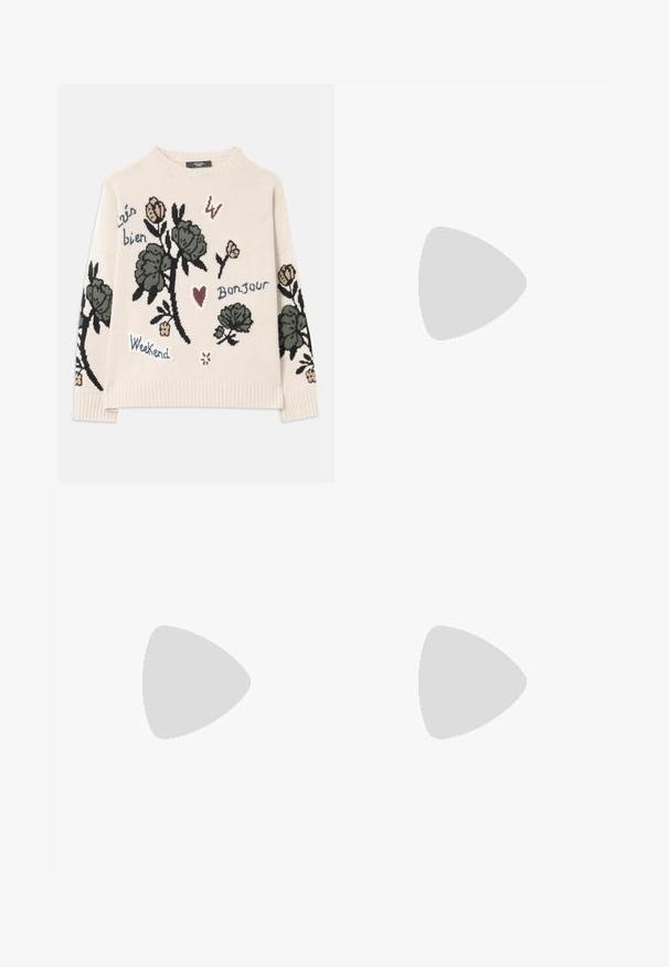 Béžový pletený sveter s kvetinovou výšivkou v zelenej, ružovej a modrej farbe. Obsahuje textové prvky "Bonjour," "Weekend," a srdcové motívy.; Svetlomodré široké nohavice s výšivkou kvetov a včiel, s elastickým lemom a prednými vreckami. Bavlnená tkanina s jemnou textúrou.; Loeffler Randall LEONIE SOFT BALLET FLAT - Balerínky s remienkom okolo členku - gold; Hnedá kožená kabelka s klopou, zlatými kovovými prvkami, ramenným popruhom a hladkým povrchom. Kompaktný obdĺžnikový tvar.