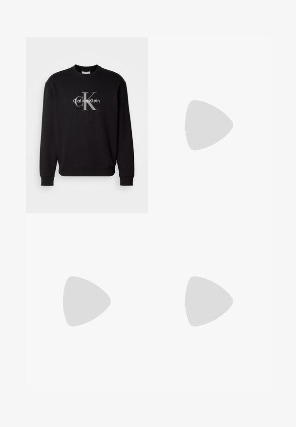 Črn pulover s krožnim izrezom iz bombaža, ki na sprednji strani vsebuje grafiko z napisom "Calvin Klein" in inicialkama "ck" v kontrastni sivi barvi.; Bela bombažna majica s kratkimi rokavi, okroglo izrezana, z vezenim logotipom "Calvin Klein" na sredi prsnega dela. Enostaven dizajn.; Svijetloplave traperice s ravnim krojem, dizajnom s pet džepova i suptilnim izbljeđivanjem. Imaju zatvaranje na dugme i petlje za remen.; Bež usnjeni superge z okrogloto in ravnim belim gumijastim podplatom ter vezalkami. Imajo minimalistične šive in gladko notranjo podlogo.