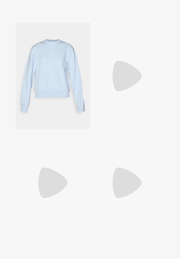 Light blue sweatshirt made of soft fabric. Features a round neck, long sleeves, and a ribbed hem, with a subtle logo in the center.; Short-sleeve, round-neck t-shirt in bright pink fabric, featuring a small white logo on the left chest area and a smooth texture.; High-waisted leggings in a solid dark gray color. Made from stretchy fabric with flatlock seams and a fitted, tapered leg design.; White athletic shoe with mesh upper and rubber sole, accented by a green heel and light blue details, featuring a streamlined design.