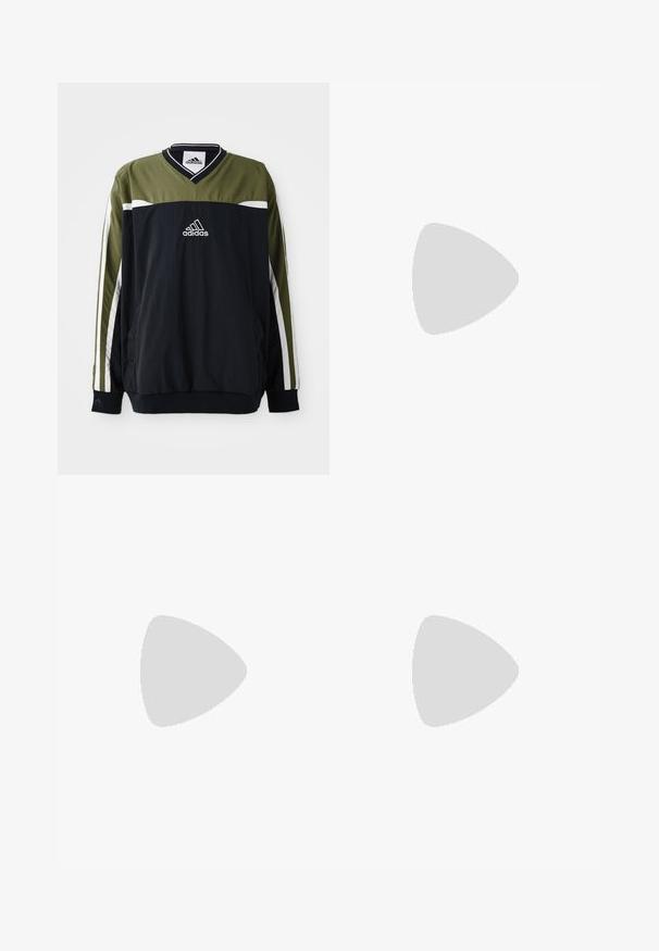 Adidas pullover in black and olive green, featuring a v-neck, white accents, and a logo at the center. Made from lightweight material.; Light-colored long-sleeve shirt with thin vertical stripes. Features a button-down collar and a chest pocket. Made of a textured fabric.; Black pinstriped wide-leg trousers with pleats, featuring a tailored design and a soft texture. No visible hardware or accents.; Black leather loafers with a smooth finish, featuring a tassel accent on the front, rounded toe, and low heel. Simple and sleek design.
