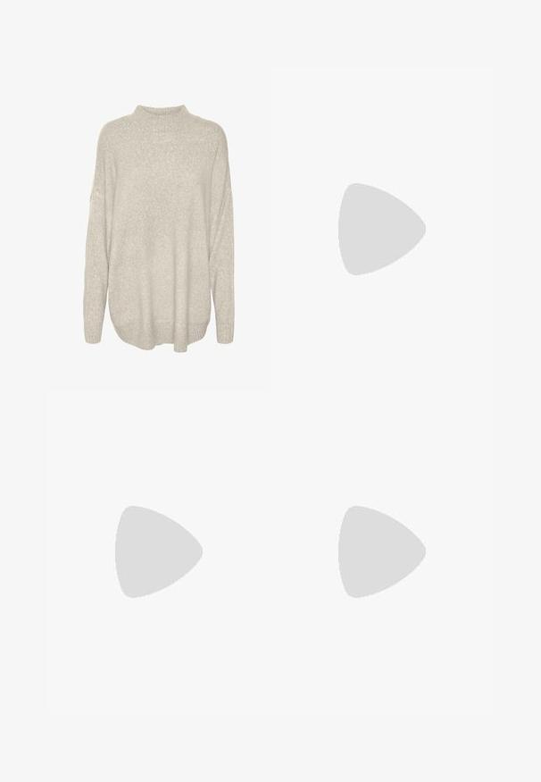 Light gray, chunky knit sweater with a high neckline, drop shoulders, and ribbed hem. Textured fabric with a soft, warm appearance.; Black fabric with a smooth texture, featuring a folded edge. Material shows slight sheen and uniform surface without patterns or accents.; Beige and black two-tone slingback shoe with a pointed toe, flat heel, and crisscross strap detail. Smooth leather texture.; Cat-eye sunglasses with a glossy black plastic frame, dark lenses, and gold accent detailing on the temples. Angular design with sleek lines.