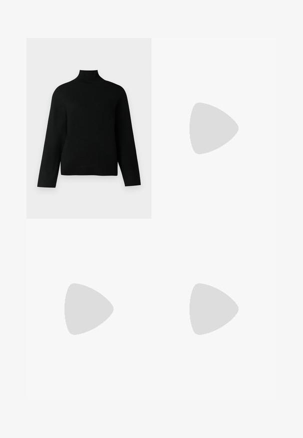 Maglione a collo alto di colore nero realizzato in morbido tessuto a maglia, con maniche lunghe e una vestibilità comoda. Tessuto liscio senza motivi o dettagli visibili.; Gonna midi in denim scuro con silhouette dritta, dotata di chiusura con bottoni frontali e cuciture gialle a contrasto.; Stivali in pelle nera alti fino al ginocchio, con punta affilata e tacco a zeppa. La superficie è liscia con una finitura lucida.; Borsa a tracolla in pelle bordeaux con due manici, hardware dorato e chiusura con zip. Presenta una texture liscia e dettagli di cucitura sottili.