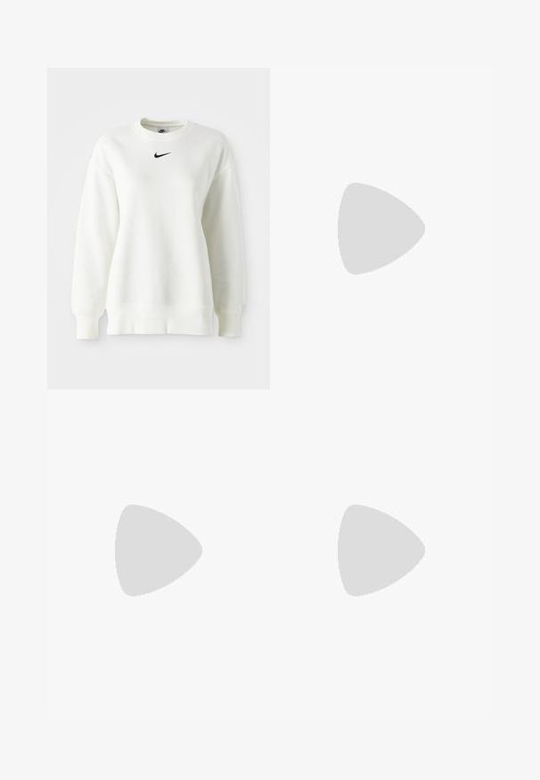 White crewneck sweatshirt made of soft cotton with dropped shoulders and a black Nike logo centered on the chest. Ribbed cuffs and hem.; Yellow cotton t-shirt featuring a tropical beach scene with palm trees, a sunset, and a hula dancer illustration. "Billabong" in script.; White denim trousers with a high waist and wide-leg fit. Features a button and zipper closure, belt loops, and subtle stitching details.; Nike Air Max sneakers feature a beige and black design, with a smooth upper, visible air cushioning, and flat rubber soles.