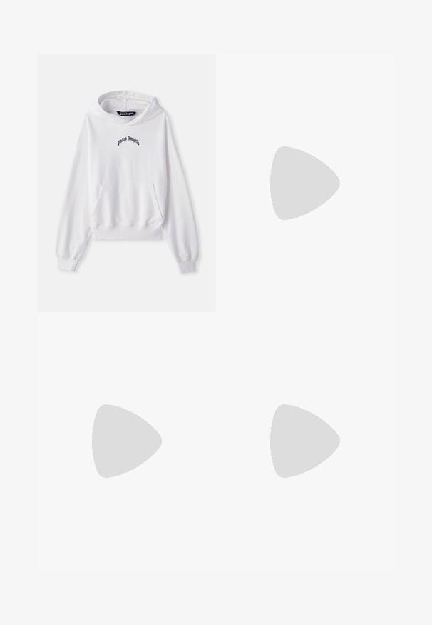 White hoodie made of cotton with a front kangaroo pocket, ribbed cuffs, and hem. Features black "Palm Angels" logo embroidered on the chest.; Gray cotton T-shirt with short sleeves, round neckline, and small chest pocket featuring embroidered brand logo. Soft texture and relaxed fit.; Black cargo pants with elastic waistband and drawstring, features cream side stripes, multiple pockets, and logo detail on the front.; Beige leather sneakers with a smooth finish, rounded toe, flat sole, and classic lace-up design. Subtle stitching accents and textured outsole.