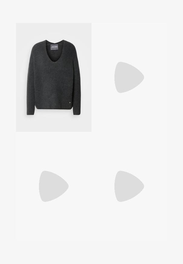 Mørk grå genser med V-hals, laget av myk, teksturert stoff. Den har lange ermer og et lite logoakcent ved sømmen.; Hvit langermet skjorte med knapper, spiss krage, avrundet nederkant og jevn tekstur, med et stilrent design.; Svart sateng A-linje skjørt med jevn tekstur, knelangt, med et enkelt, rent design uten pynt eller mønstre.; Svart skinn slingback høyhælte sko med spiss tå og slank hæl på hvit bakgrunn.; Sorte cat-eye solbriller med mørk grå linser, glatte plastikkrammer, spisse hjørner og rette stenger. Ingen synlig maskinvare eller detaljer.