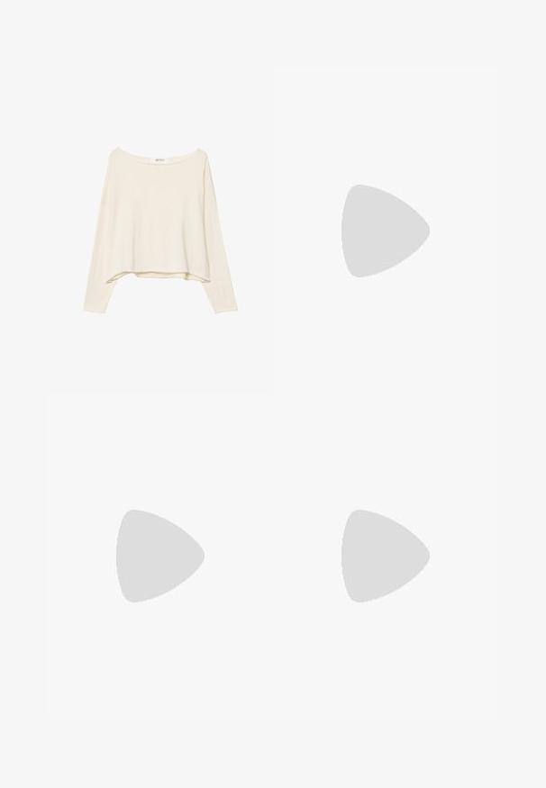 Svetlo bež skrajšana sweatshirt z širokim izrezom, dolgimi rokavi in mehkim, teksturiranim materialom. Ima sproščen, kvadraten kroj.; Široke hlače iz off-white tkanine z gladko teksturo. Imajo zavezan pas in nagubano sprednjo stran, zasnovane za sproščen fit.; Bež visoke superge z nubukovim zgornjim delom in usnjenimi detajli. Debel bež gumijast podplat. Okrogla konica z vrvicami na vozle in kovinskimi odprtinami.; Črna usnjena torbica z strukturiranim dizajnom, zgornjim ročajem in zlate kovinske sponke na sprednji strani. Gladka tekstura, minimalno šivanje.