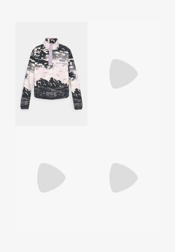 Pullover em fleece nas cores preto, branco e rosa, com estampado de paisagem montanhosa, gola roxa, pala com botões e bolso com zip na frente.; T-shirt azul claro de mangas curtas, feita de tecido leve. Apresenta um decote redondo e um pequeno logo na parte superior esquerda.; Calças cargo pretas em nylon com fechos de correr removíveis, punhos ajustáveis, múltiplos bolsos e um logótipo na perna direita. Textura suave e leve.; Sapatilha atlética beige e creme com parte superior em malha texturizada, sobreposições de suporte e sola de borracha com um padrão de cravo para tração.