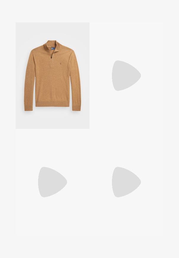 Brązowy sweter zapinany na suwak z długimi rękawami, prążkowanym kołnierzem i mankietami, wykonany z miękkiego materiału, z małym logo na klatce piersiowej.; Koszula z długim rękawem w ciemnozielony i bordowy wzór paisley. Posiada kołnierz, dwie przednie kieszenie i zapięcie na guziki. Gładka tekstura materiału.; Ciemnobrązowe spodnie z materiału sztruksowego o luźnym kroju, z plisami z przodu i podwiniętymi mankietami na dole. Gładka faktura i solidna konstrukcja.; Granatowe zamszowe sneakersy z białymi sznurówkami i kremową gumową podeszwą. Zawierają jasnoniebieski akcent oraz małe haftowane logo z boku.